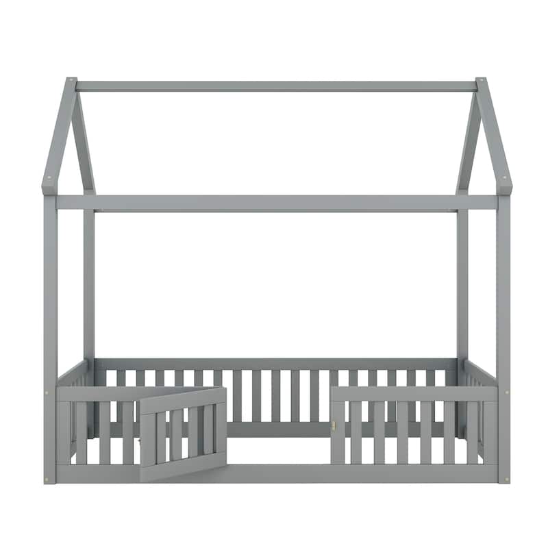 Gray Twin Pine House Bed with Fence and Door