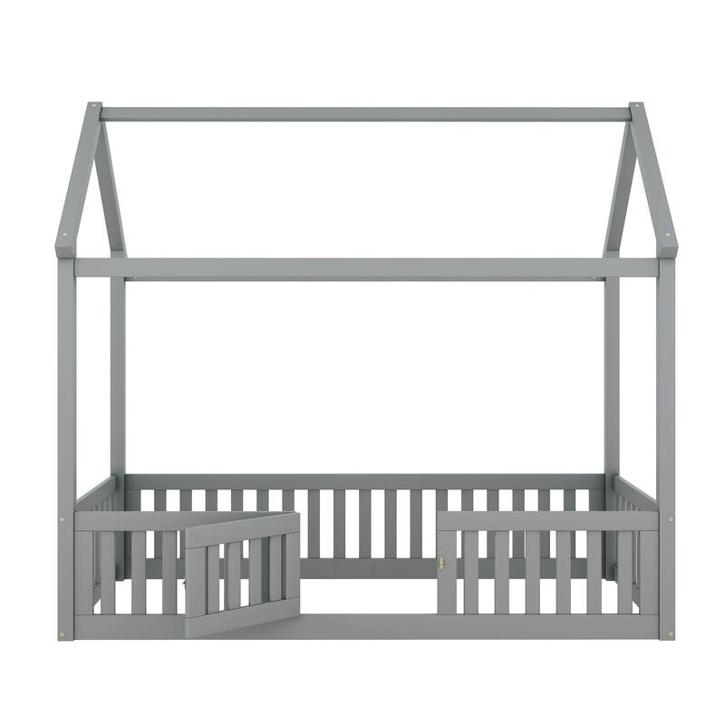 Twin Pine House Floor Bed with Door, Fence & Roof