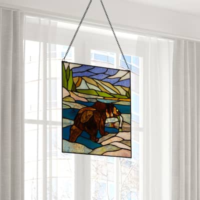 River of Goods Fishing Bear Scene River of Goods Stained Glass Window Panel - 12" x 0.25" x 14"