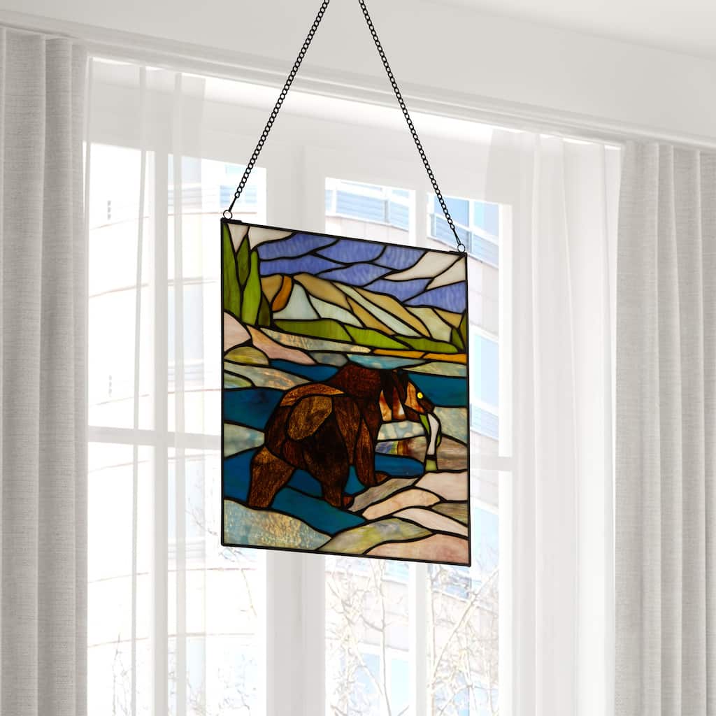 River of Goods Fishing Bear Scene River of Goods Stained Glass Window Panel - 12" x 0.25" x 14"