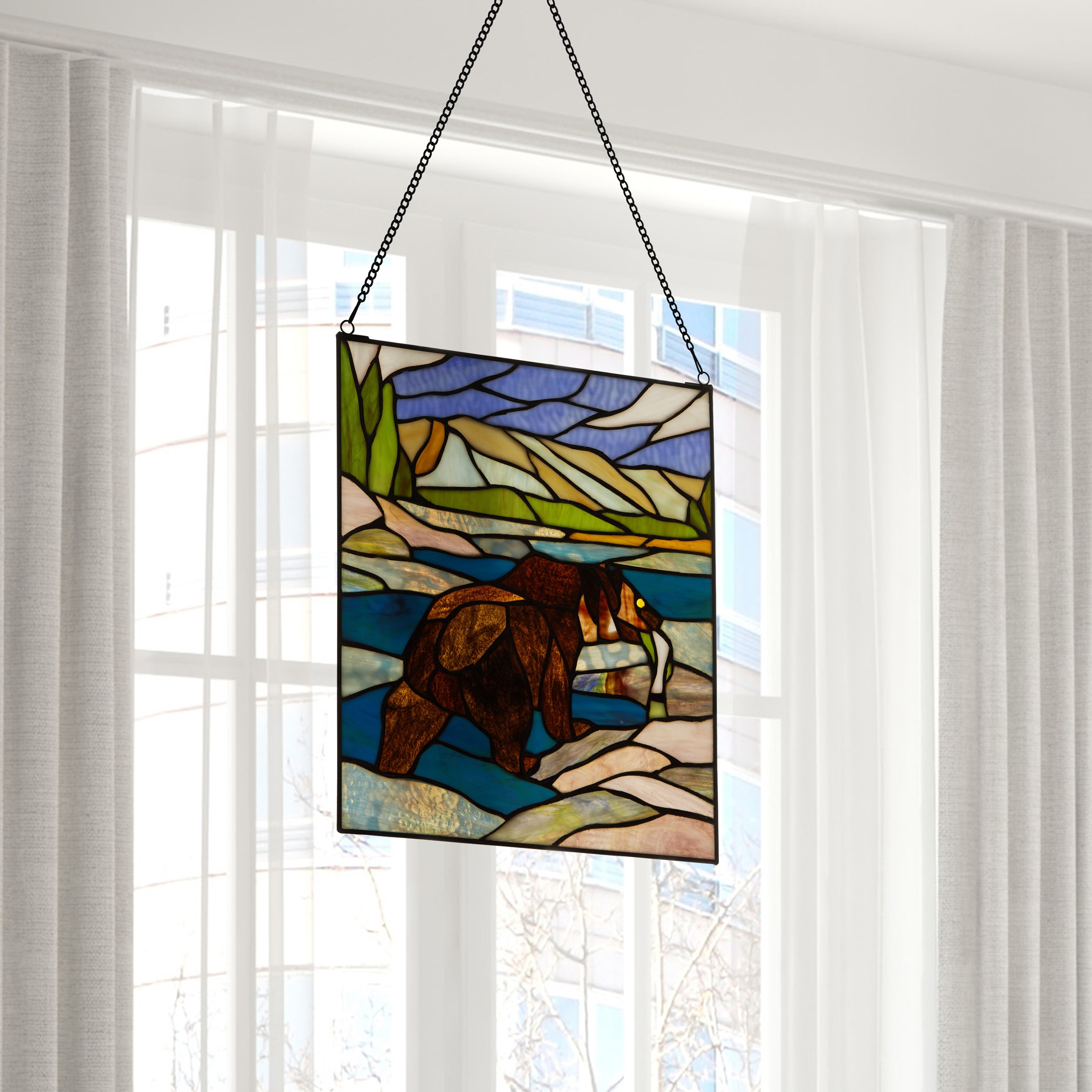 River of Goods Fishing Bear Scene Tiffany-Style Stained Glass Window Panel - 12" x 0.25" x 14"
