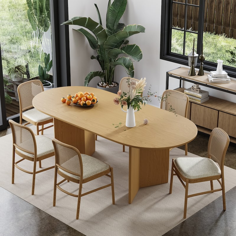 Solid Wood Farmhouse Dining Table with V-Shaped Legs and Oval Wood Top for Modern Dining Rooms & Family Gatherings