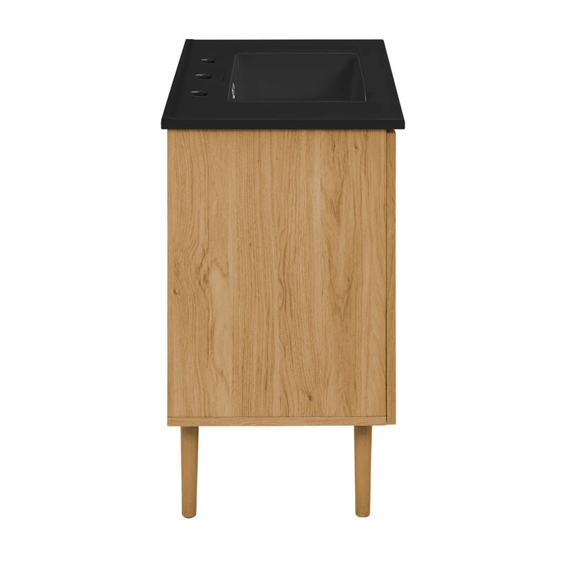 Bron 36 In. Brown Oak Bathroom Vanity With Black, 3-Hole Ceramic Sink Top