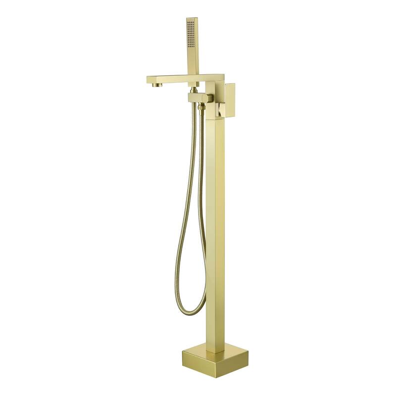 Freestanding Tub Faucets With Hand Shower Floor Mount Bathroom Bathtub Faucets Single Handle High Flow Tub Filler - Brushed Gold