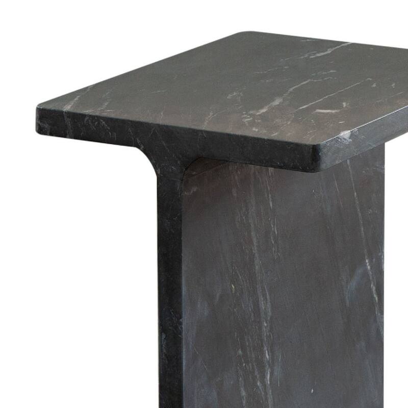 Isy Accent End Table, 15 Inch Black Marquina I-Beam Shaped Natural Marble