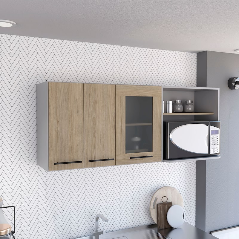 Wall Cabinet, Double Door, Glass Cabinet, Rack -Light Pine - Beige
