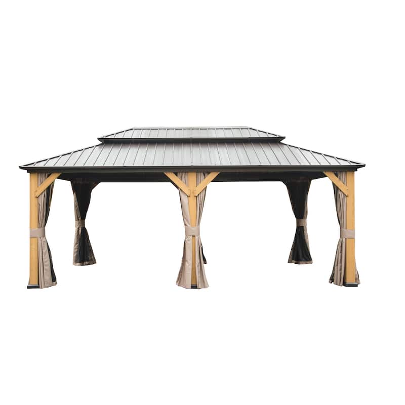 12'x20' Hardtop Gazebo,Outdoor Permanent Metal Pavilion with Curtains and Netting for Patio, Backyard and Lawn(Brown)