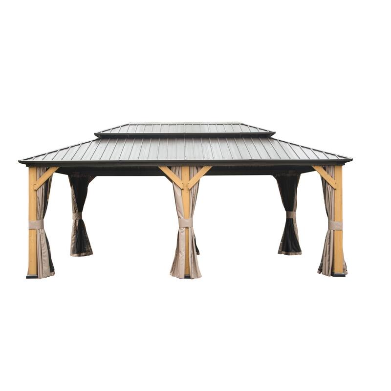 12'x20' Hardtop Gazebo with Cedar Wood Frame, Galvanized Steel Roof, Curtains & Netting for Patio & Backyard - Brown