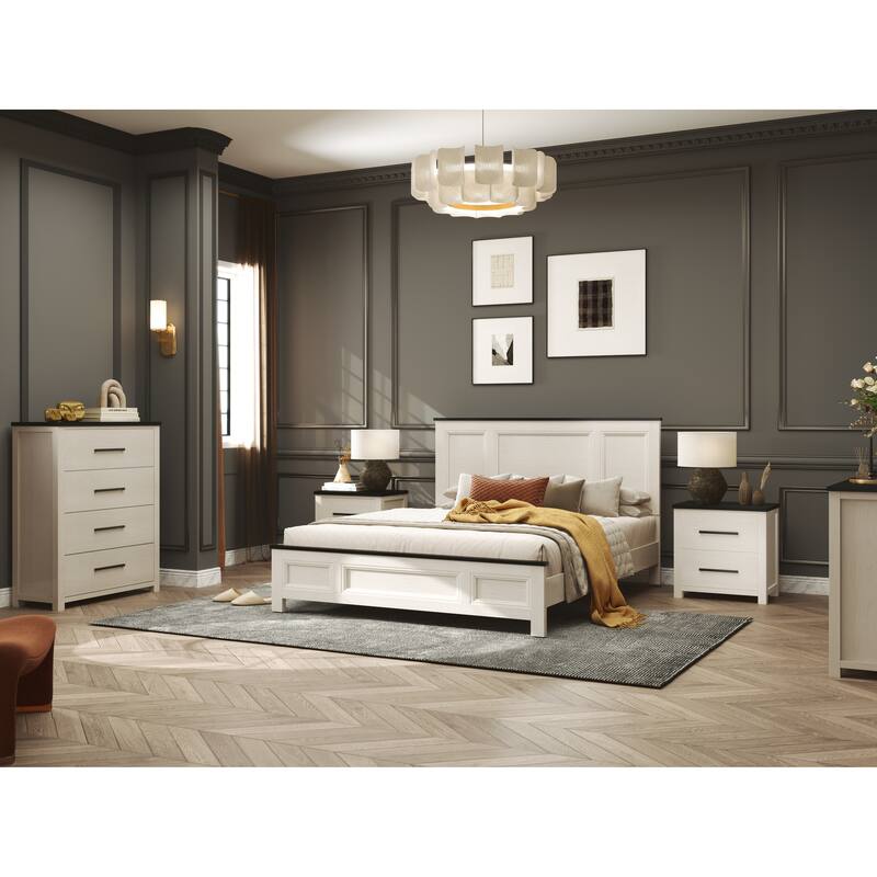 Roundhill Furniture Realynn 6-Piece Wood Bedroom Set, Panel Bed with Dresser, Mirror, Chest, and 2 Nightstands, Off-White Finish