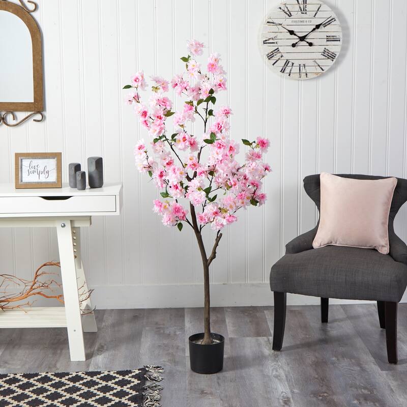 Artificial Cherry Blossom Tree 5ft - Pink Flowers Home Decor Indoor Plant - Green - 41-50 Inches