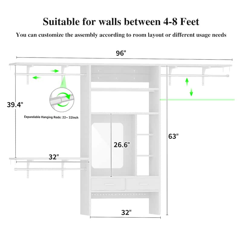 Cimly 131'' - 156'' Closet System with Makeup Vanity, All-in-one Corner Closet Organizer with Shoe Rack and Tower Shelves