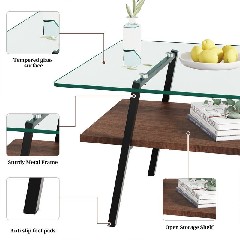 Rectangle Tempered Glass Coffee Table with Metal Legs