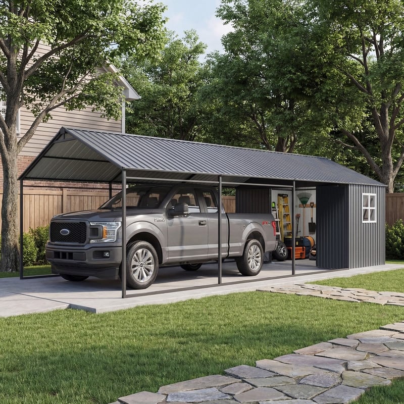 COSIEST 12x25 ft Metal Carport with Storage Shed, Heavy-Duty 2-in-1 Carport with 12x5ft Lockable Tool Room, - 12*25FT