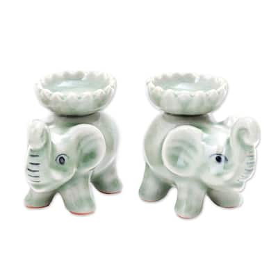 Novica Handmade Baby Elephants In Green Celadon Ceramic Incense Holders (Pair)