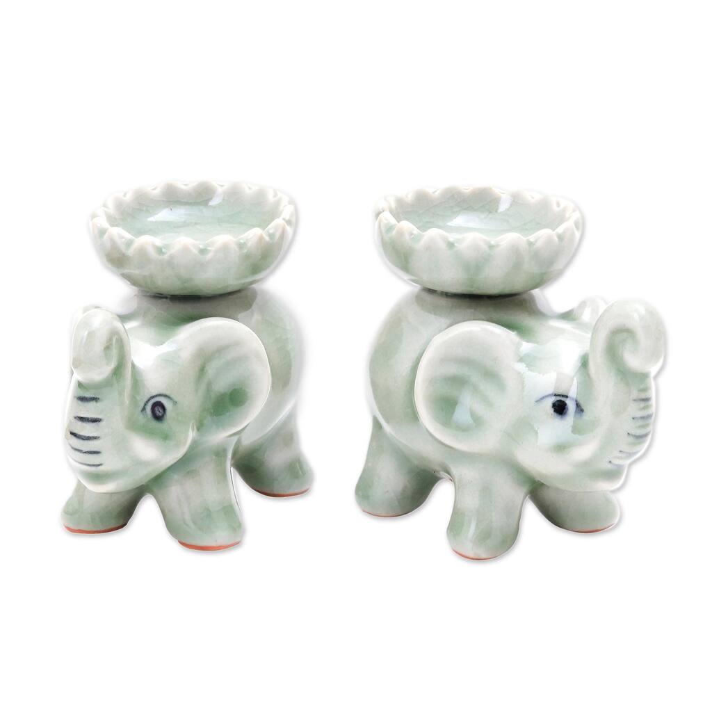 Novica Handmade Baby Elephants In Green Celadon Ceramic Incense Holders (Pair)