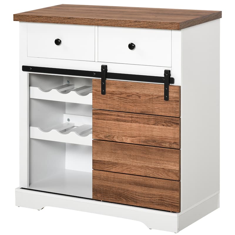 HOMCOM Retro Rustic Barn Door Storage Cabinet Farmhouse Buffet Sideboard Coffee Bar With Wine Racks for Kitchen