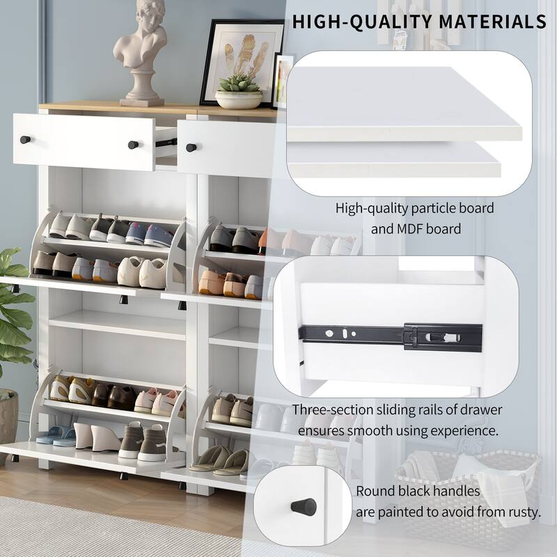 Slim Shoe Cabinet Set with 4 Flip Drawers, Wood Grain Pattern Top Shoe Storage Solution with Adjustable Panel