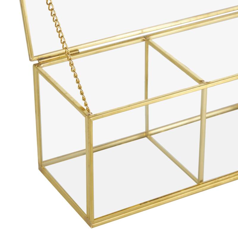 Glass Slim Rectangular 3 Slot Decorative Jewelry Box with Gold Metal Frame and Chain Accent - Clear - Roche River Decor