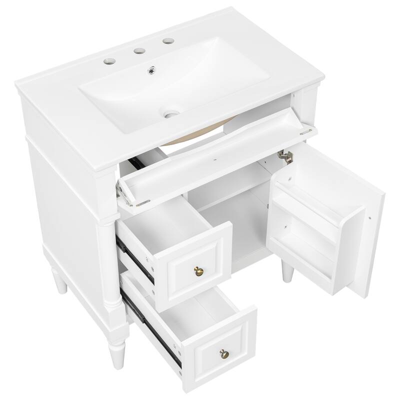 Roomfitters 30" Bathroom Vanity with Sink, Solid Wood Frame, Flip Drawer, 2 Drawers & Door Rack
