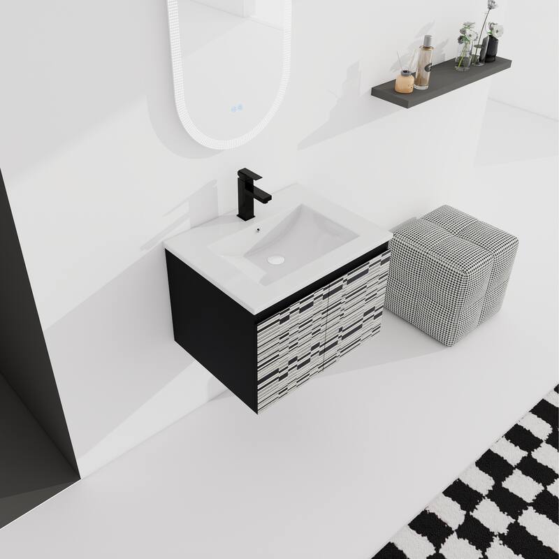 24 Inch Wall-Mounted Vanity with Ceramic Sink, Soft-Close Hinges & Triple Doors for Bathrooms