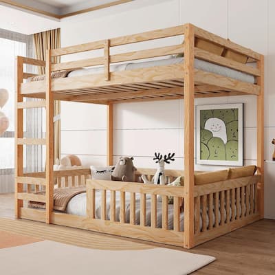 Full over Full Wooden Bunk Bed with Ladder and Guardrails
