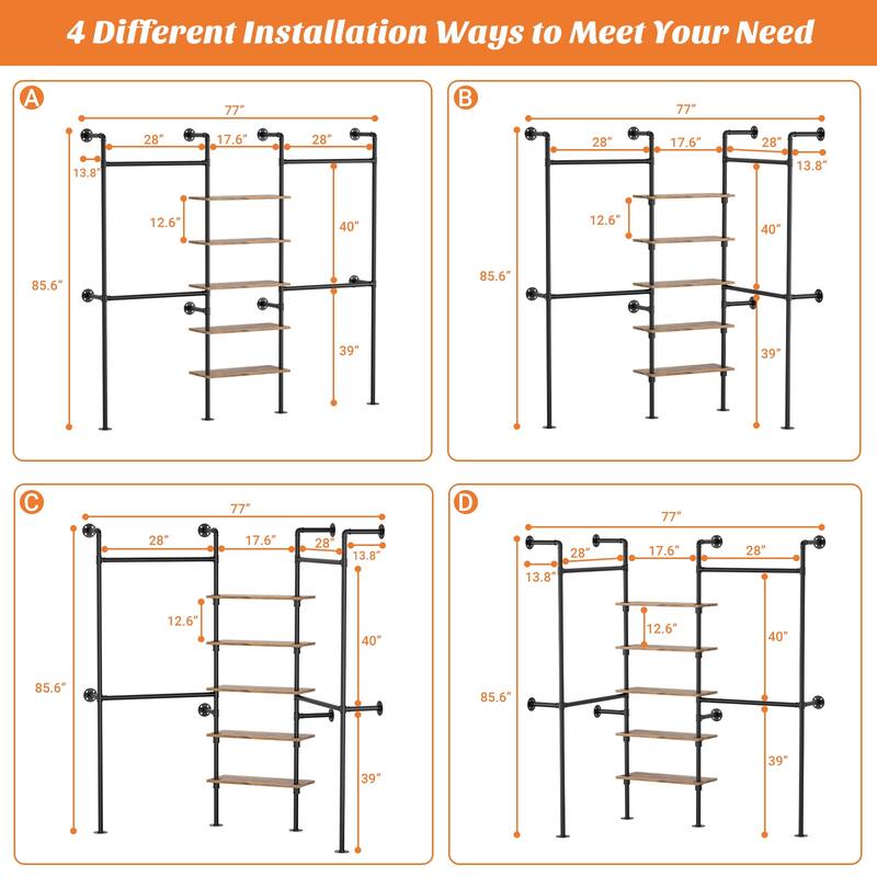77'' Industrial Pipe Clothing Rack with 5-Tier Shelves, Reversible Closet Organizer System Garment Racks for Hanging Clothes