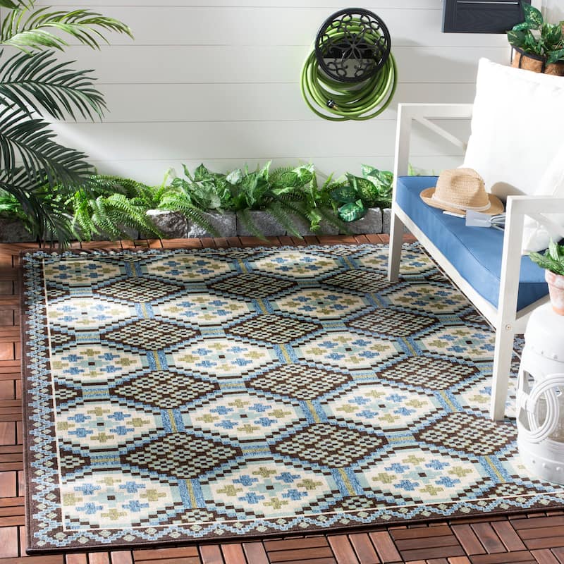 SAFAVIEH Veranda Paquita Indoor/ Outdoor Waterproof Patio Backyard Rug - 5'3" x 7'7" - Blue/Chocolate