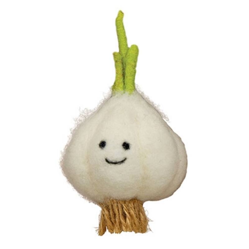 Smiling Garlic Felted Ornament Farmhouse Kitchen Decor - 4.5" x 2.5" - Green/White/Brown