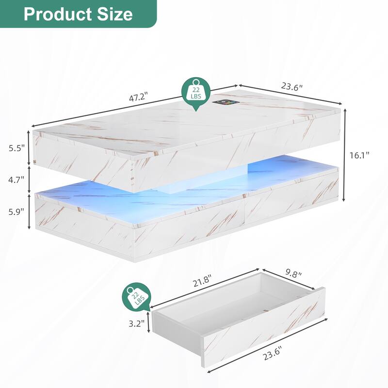 Smart LED Coffee Table 47.2" with Bluetooth Speaker & Wireless Charging, Modern White Marble Center Table