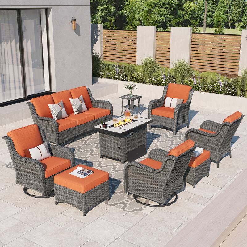 OVIOS 9-piece Patio Wicker Swivel Rocking Chair Set With Fire Pit - Orange/Red-Grey Wicker