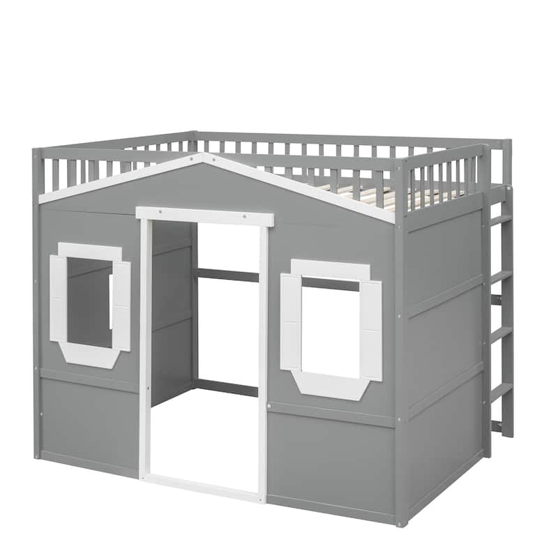 House Loft Bed With Ladder-Gray+White Frame