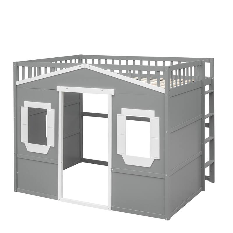 Modern Twin/Full Loft Bed with Ladder, Solid Pine Wood, Safety Guardrails