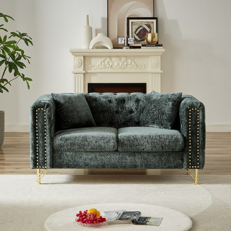 Modern 60-Inch Chenille Sofa, Chesterfield Pull-Buckle Design with Copper Nail Decor, Upholstered 2-Seater Couch