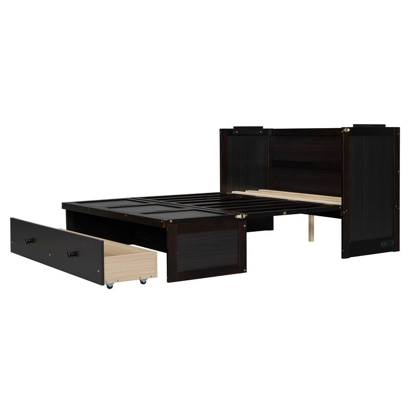 Full Size Murphy Bed with Dual USB Port, Large Drawer, Space-Saving Design, Espresso Finish