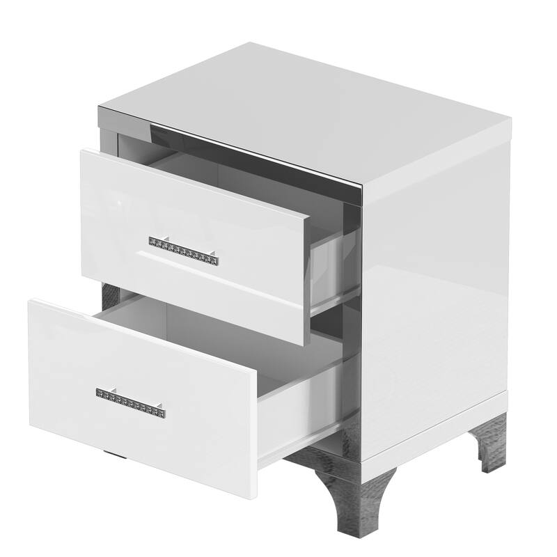 High Gloss Mirrored Nightstand with 2 Drawers,Modern End Table with Drawers,Mirrored High Gloss Wood Nightstand Metal Handle