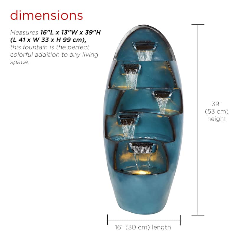 Alpine Corporation TZL382 39 In. 5-Tier Cascading Waterfall Fountain with LED Lights - Outdoor Water Feature, Blue