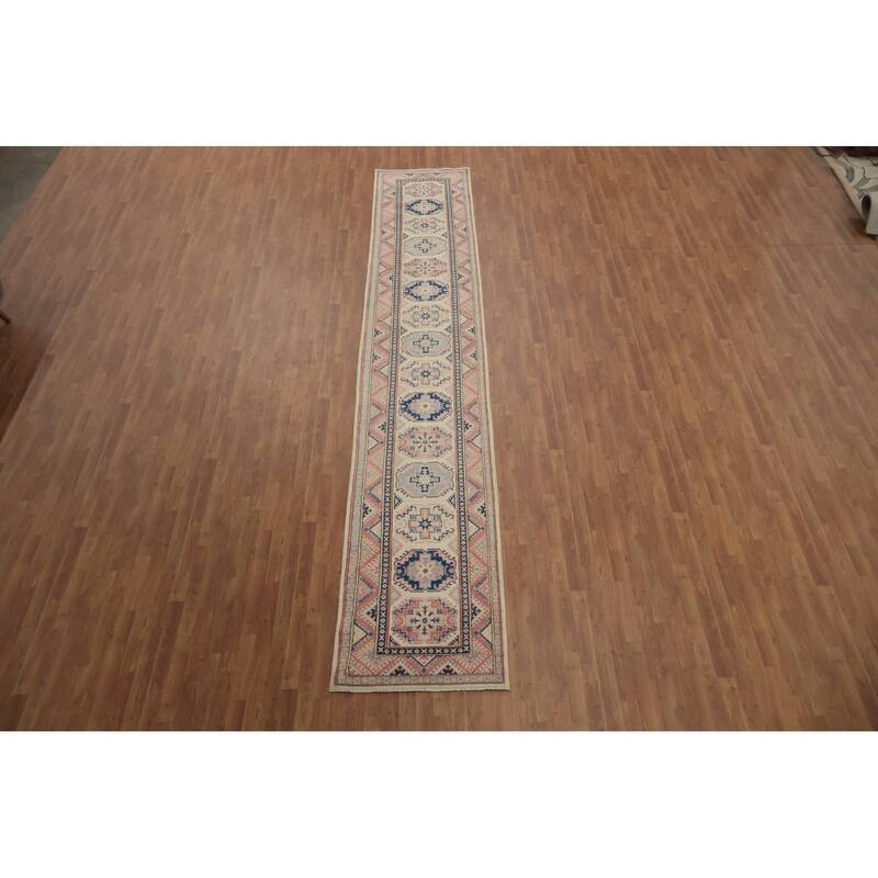 Hand Knotted Oriental 100% Wool Carpet Traditional Geometric Beige & Ivories Kazak Runner Rug - 16' 4'' X 2' 11''