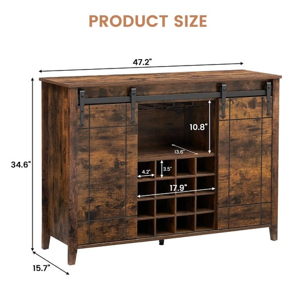 dimension image slide 2 of 4, Farmhouse 47'' Wine Bar Cabinet Buffet Sideboard Cabinet with 16 Bottle Wine Rack - 15.7"D x 47.2"W x 34.61"H