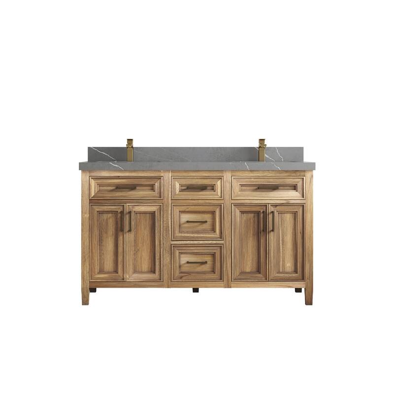 Willow Collections 60 in. W x 22 in. D Santa Monica Teak Double Sink Bathroom Vanity with Countertop - 2" Piatra Gray - Whitewashed Teak