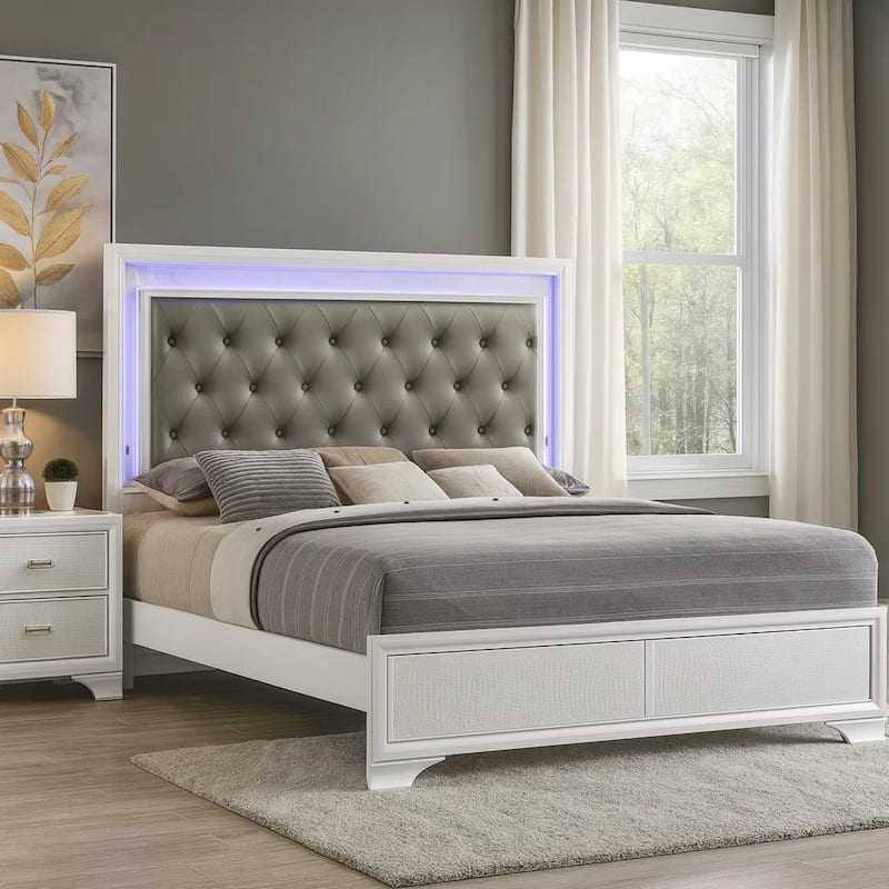 Lise King Size Bed, Gray Fabric Upholstery, LED Lit, Modern White Wood