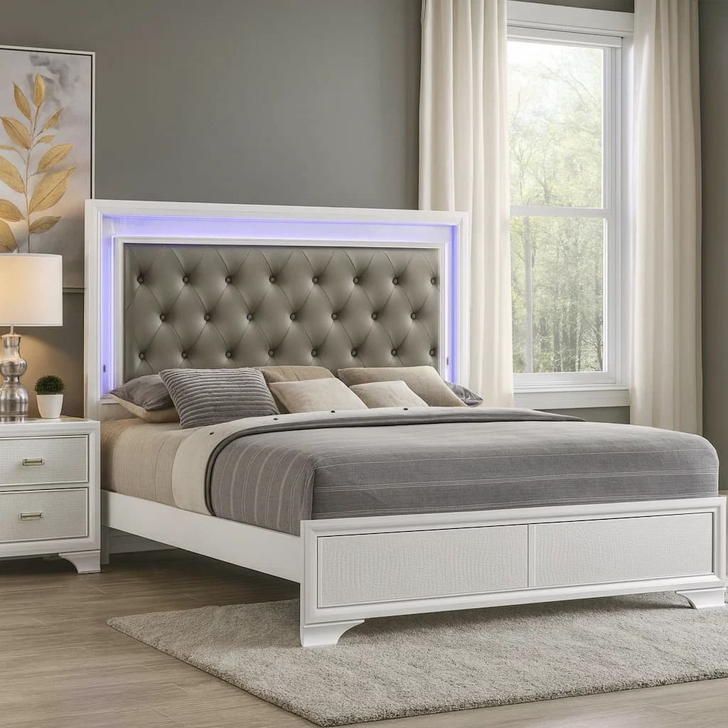 Lise King Size Bed, Gray Fabric Upholstery, LED Lit, Modern White Wood