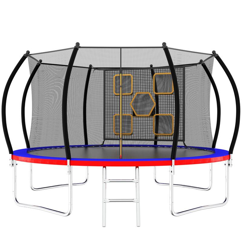 14FT Trampoline with Enclosure - Recreational Trampolines with Ladder, ASTM Approval Outdoor Trampoline for Kids - Blue