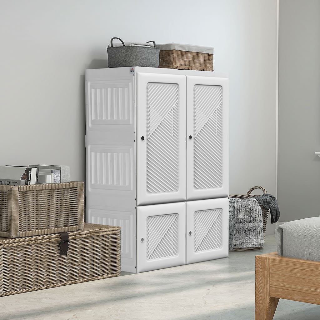 HOMCOM Portable Wardrobe Closet, Folding Bedroom Armoire, Clothes Storage Organizer with 3 Cube Compartments, Hanging Rod