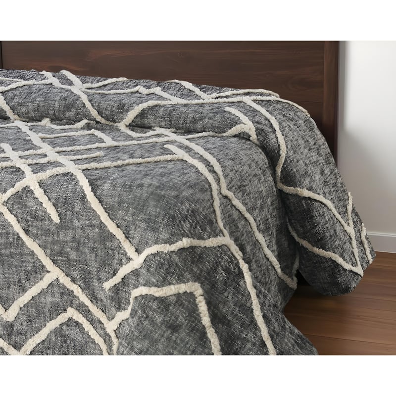 Charcoal and Off White Geometric Twin Cotton Coverlet With Fringe - Charcoal and Ivory - Twin