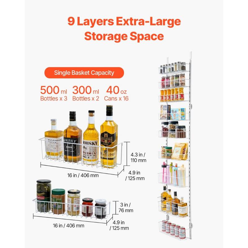 Pantry Organizer with Adjustable Baskets Wall Mount & Over Door Rack