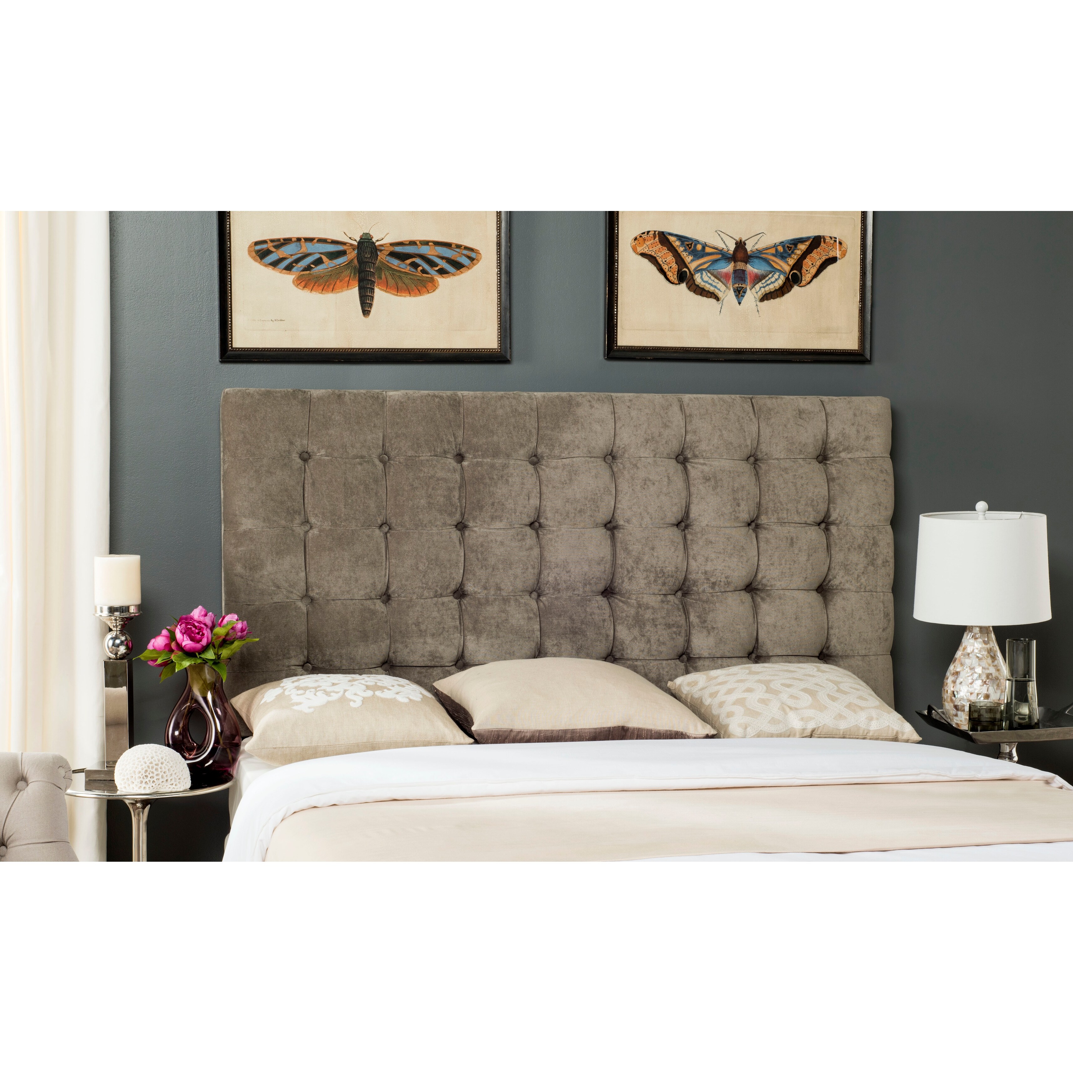 SAFAVIEH Lamar Greige Velvet Upholstered Tufted Headboard King