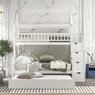 Twin over Full House Bunk Bed with Storage Staircase and Trundle,White ...