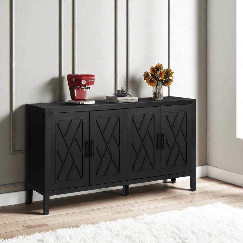 60" Farmhouse 4-Door Wood Accent Sideboard Buffet Cabinet with Adjustable Shelf for Kitchen and Entryway.