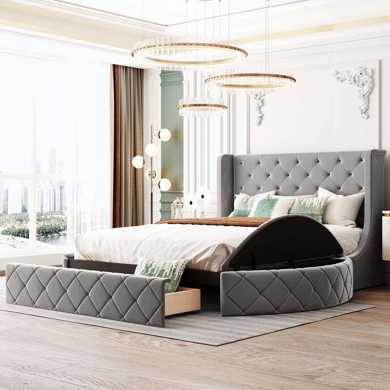 Queen Size Upholstered Platform Bed with Wingback Headboard and 1 Big Drawer,2 Side Storage Stool