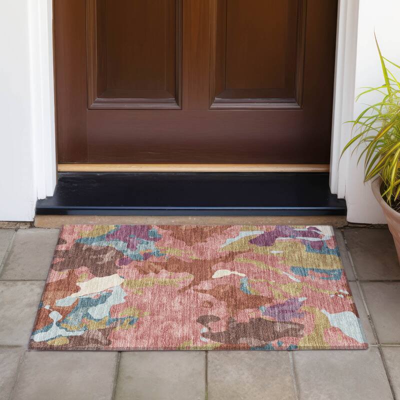 Machine Washable Indoor/Outdoor Modern Brushstrokes Chantille Rug - Pink - 1'8" x 2'6"